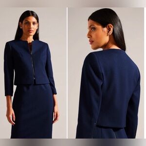 Ted Baker Size 2 (US 6) Michah Navy Blue Textured Cropped Blazer Jacket NWT $349